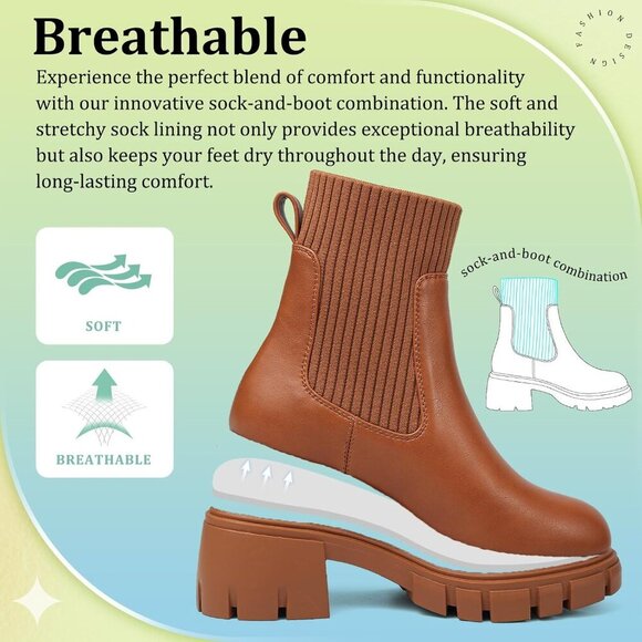 🆕 Womens Chelsea Platform Ankle Boots Brown PM PU+PVC – Stylish & Comfortable - Picture 4 of 7